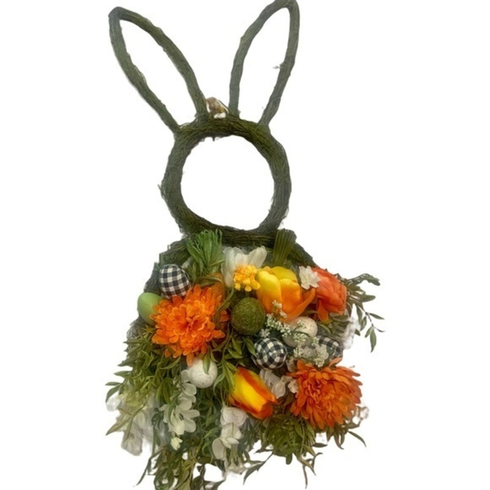 Easter Bunny Shaped Moss Floral Spring Orange Wreath Farmhouse Black White Plaid